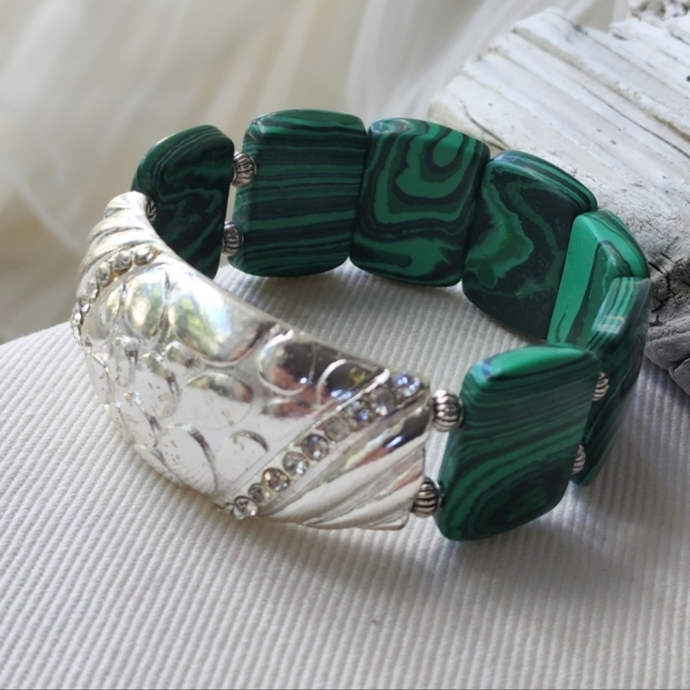 White Rhodium plated Malachite Stone Stretchy Bracelet Designer Jewelry